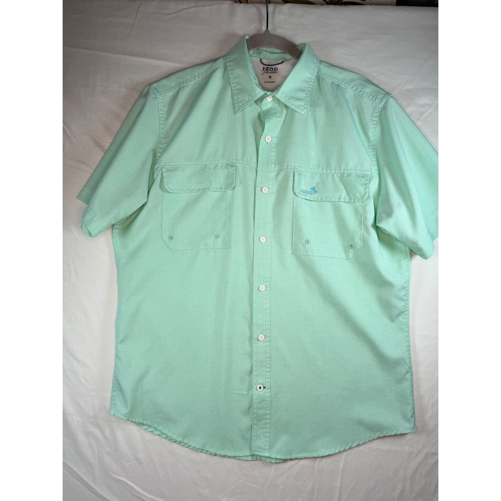 IZOD Saltwater Mens Medium Mint Green Short Sleeve Button Down‎ Fishing Shirt